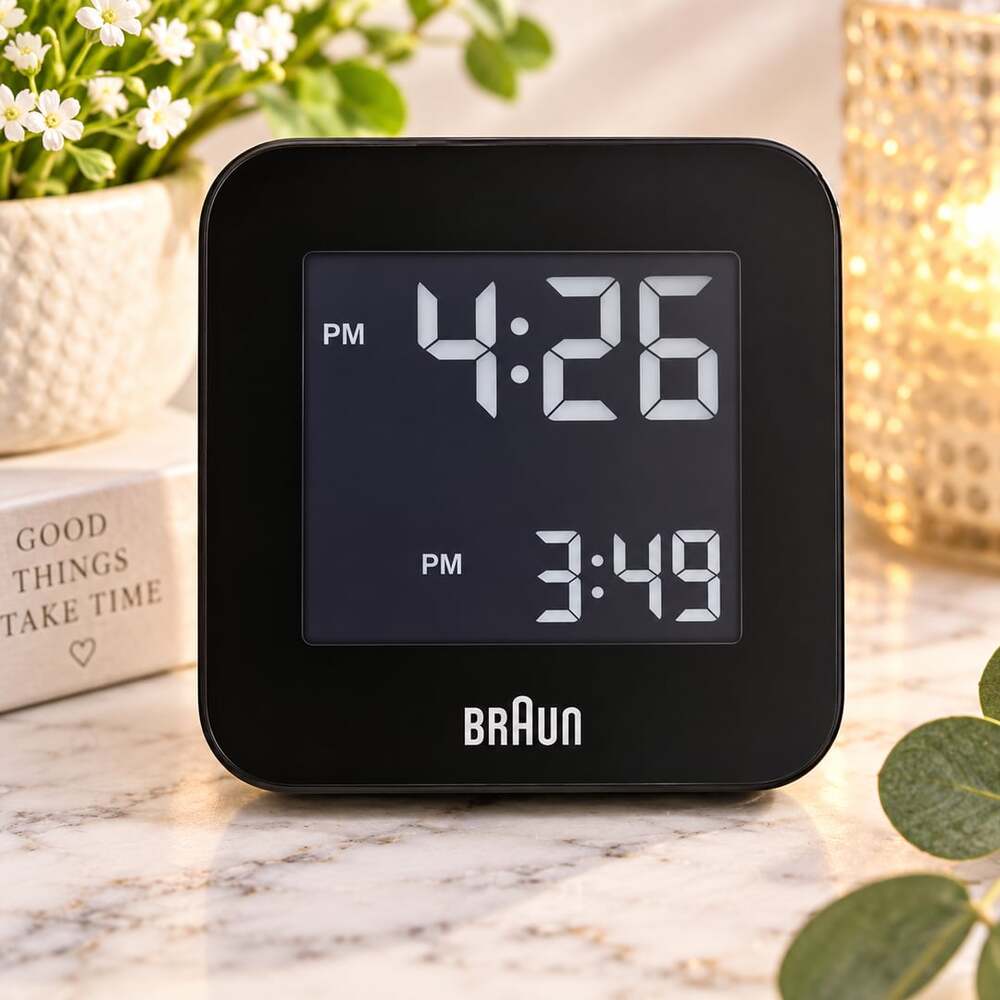 Braun Digital Alarm Clock 2”x2” BC09B Black With Negative LCD Display
